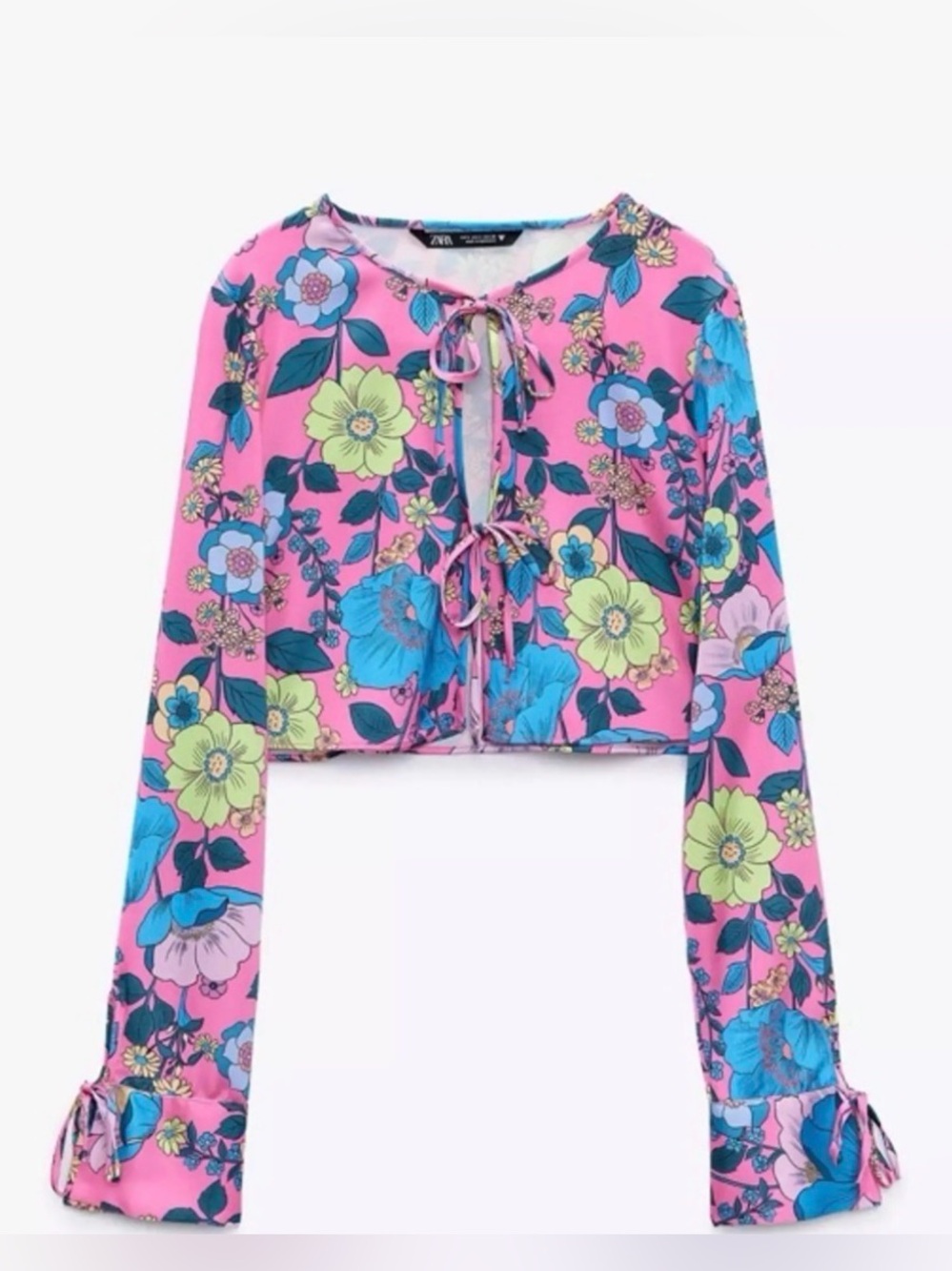 Zara Satin Effect Printed Top -Bright Pink Floral Tie-Neck Blouse